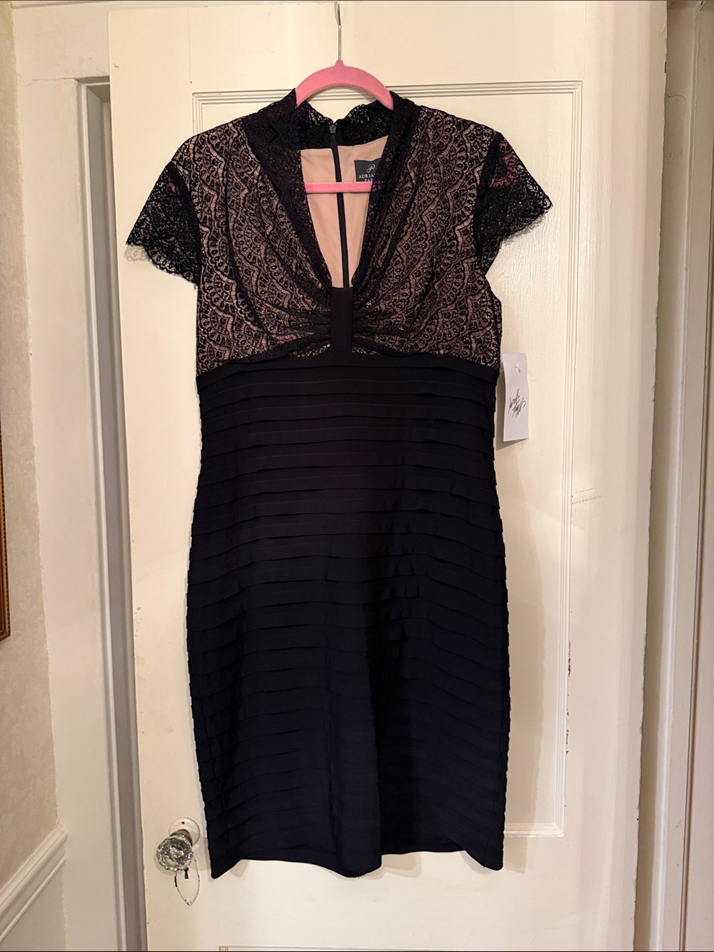 Adrianna Papell Black Lace V-Neck Blouse with Nude Lining